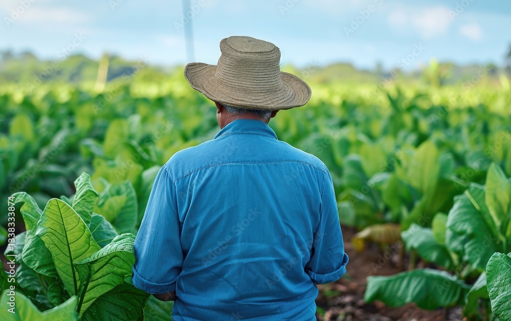 farmer stands in his tobacco field observing the growth of his crop, viewed from behind.