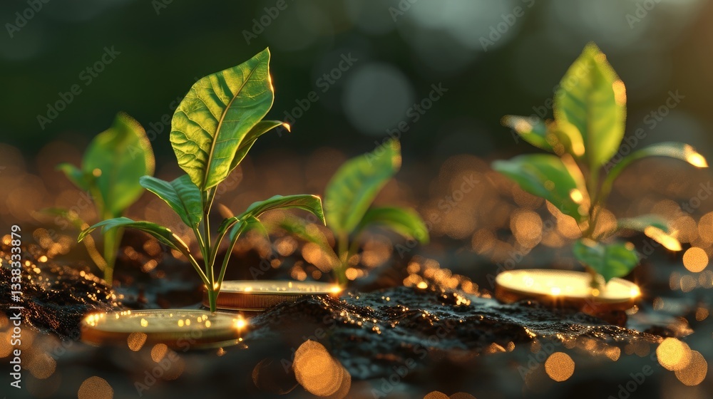 Young Plants Sprouting From Golden Coins In Soil