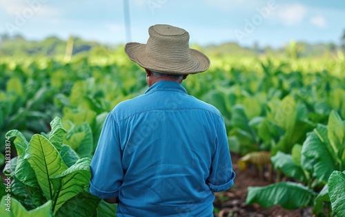 farmer stands in his tobacco field observing the growth of his crop, viewed from behind.