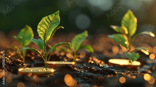 Obraz na płótnie Young Plants Sprouting From Golden Coins In Soil w salonie