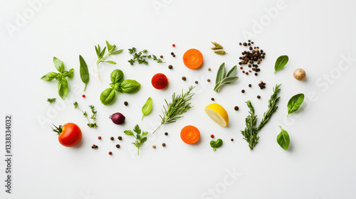 Fresh herbs and vegetables arranged artistically on a clean white surface. isolated on white background.