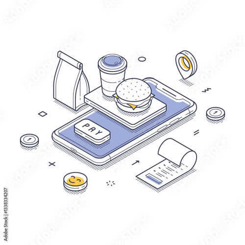 Mobile payment interface featuring a burger, coffee, and delivery bag. It represents the convenience of ordering fast food through a smartphone. Modern isometric line art vector illustration