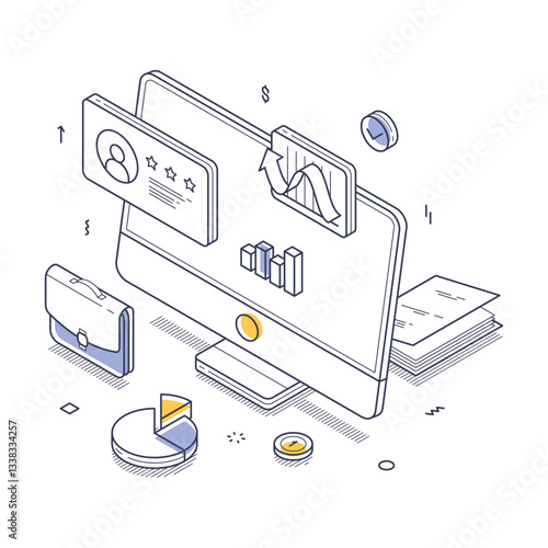 Isometric line art illustration showing various elements of online business. Analytics charts, user profiles, and financial icons, representing digital entrepreneurship. Vector illustration