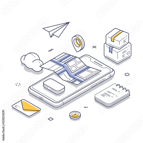 Mobile phone displays a map with delivery routes while surrounding elements include packages, a paper airplane, and notes. Convenience of modern delivery services. Isometric vector illustration