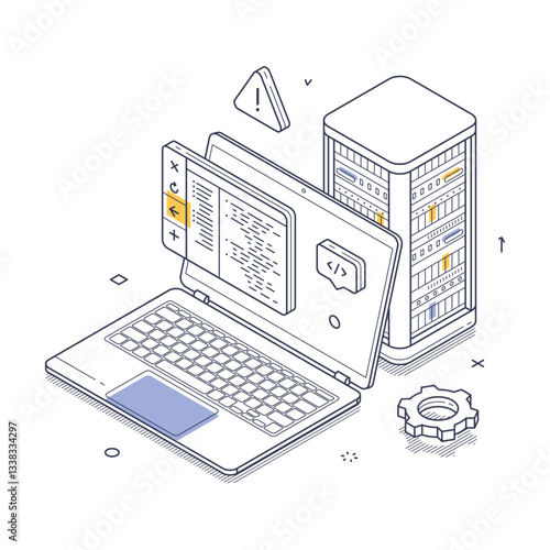 Isometric line art illustrates a laptop and server during a maintenance task. The design features alert icons and configuration elements to represent the technical activity taking place.