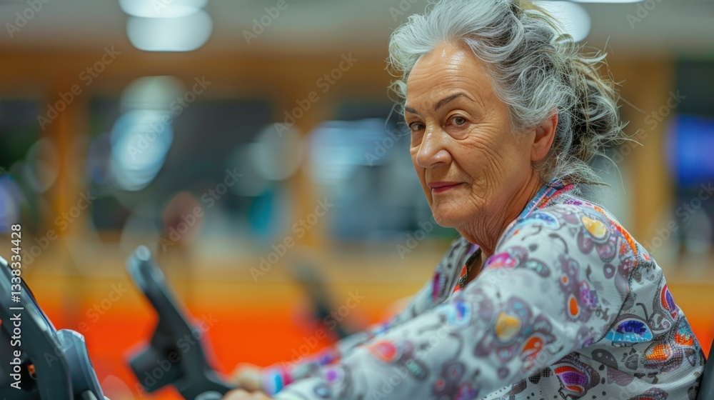 Active Senior Woman Exercising on Stationary Bike at Modern Gym Active Senior Woman Exercising on Stationary Bike at Modern Gym