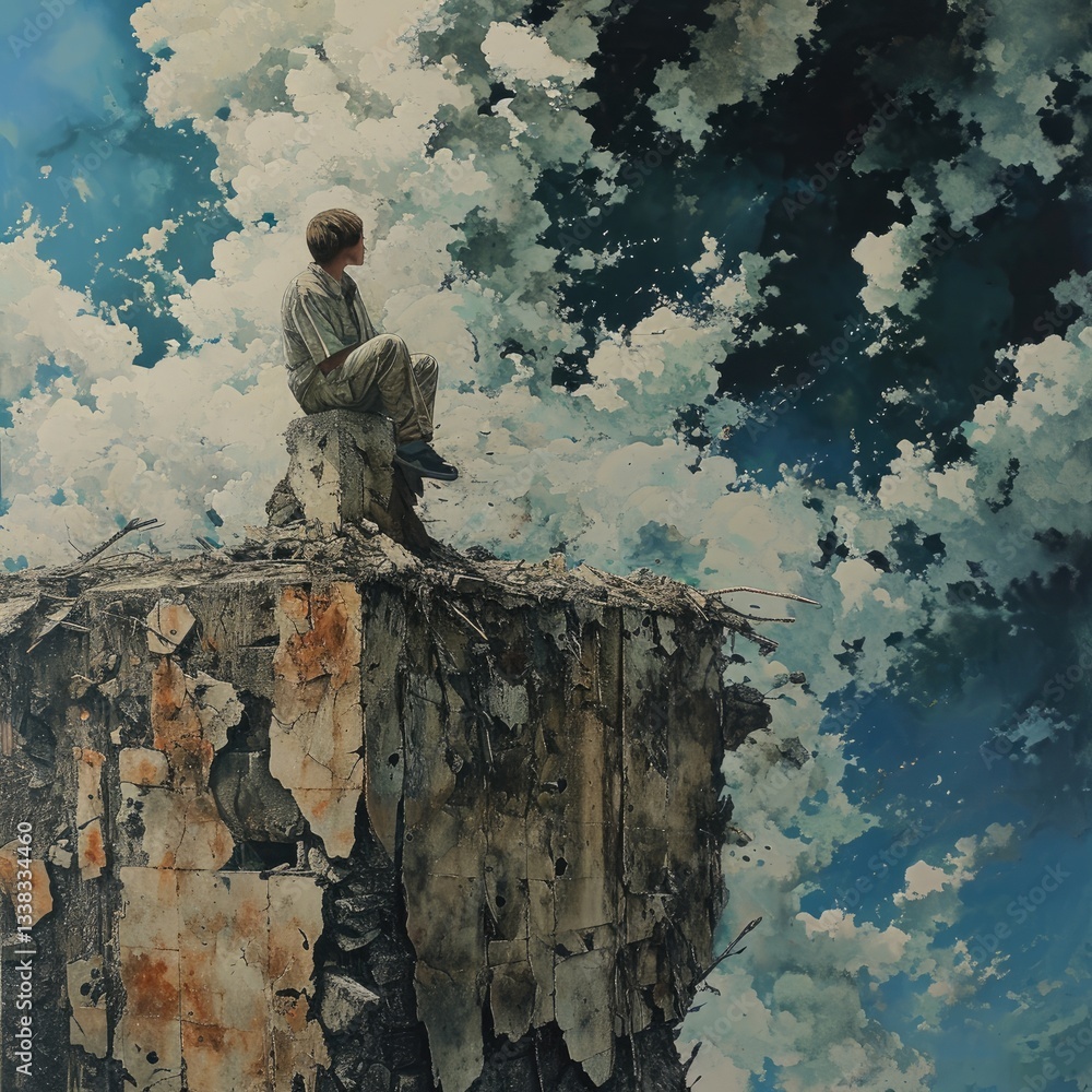 Boy Contemplates Cloudscape From Ruined Structure