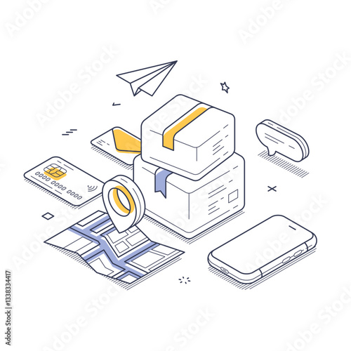Isometric line art illustration showcases delivery tracking elements, including boxes, a map, a smartphone, and a payment card. The design emphasizes the efficiency of modern logistics