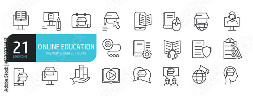 Set of line icons related to online education, e-learning, school. Outline icons collection. Editable stroke. Vector illustration
