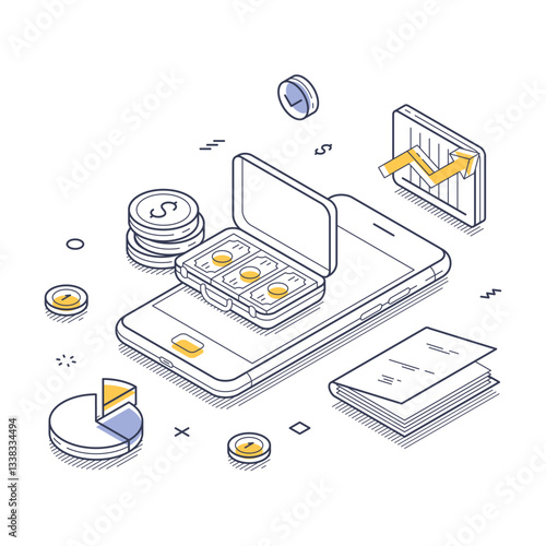 Isometric line art of financial planning, showcasing a smartphone with coin icons, financial charts and documents. Intersection of technology and finance, making budgeting and planning accessible