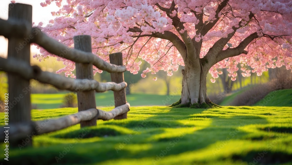 Scenic view of a beautiful sunny day in spring nature, featuring blooming pink trees beside a wooden fence. Vertical composition.