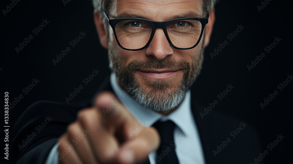 Thoughtful man with a beard and glasses passionately pointing a finger while engaging in conversation Thoughtful man with a beard and glasses passionately pointing a finger while engaging in conversation