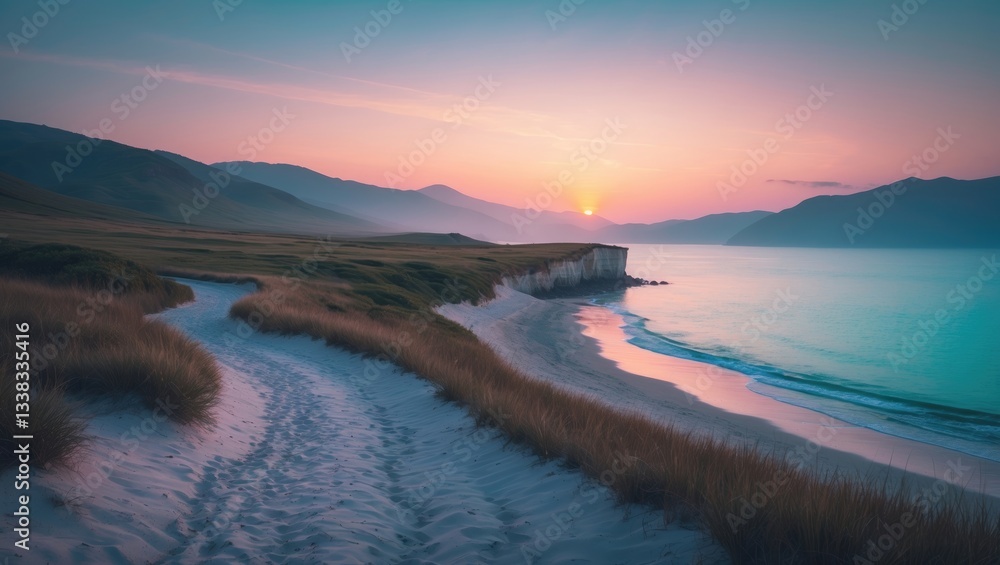 Fototapeta premium Sunset at the seashore. Stunning scenery. Preserved beauty. An amazing camping experience.