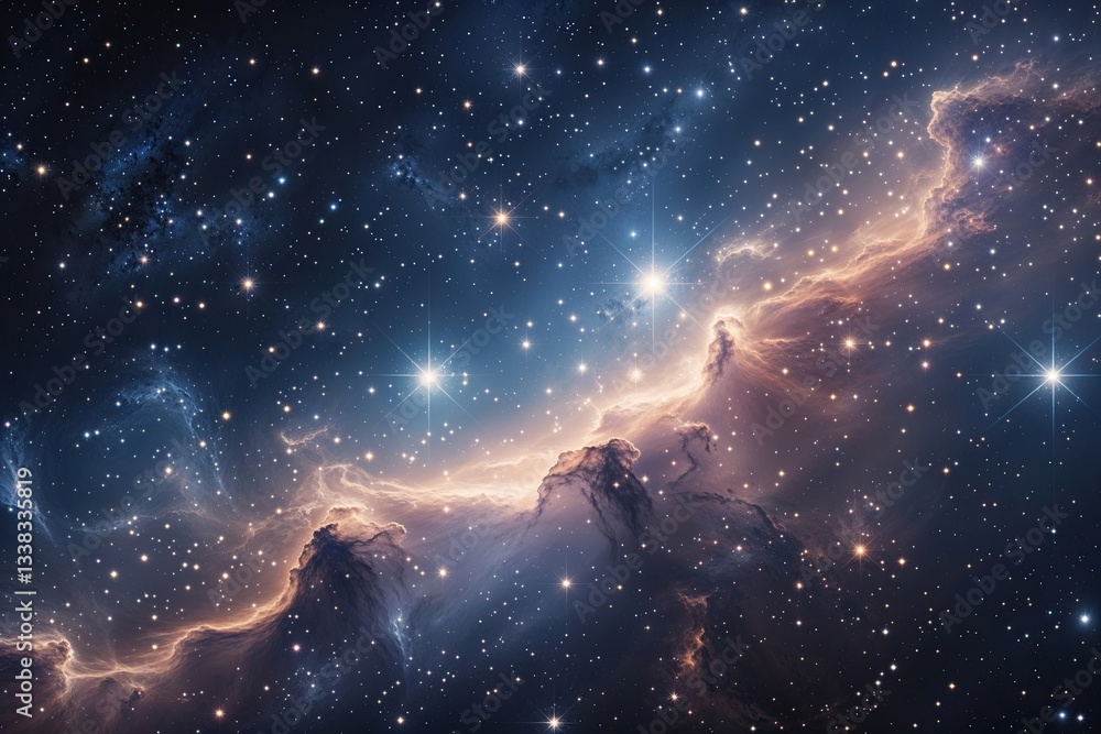 Fototapeta premium Celestial Nightscape with Luminous Nebulas and Glistening Stars - Stunning Cosmic Backdrop and Dreamy Stardust