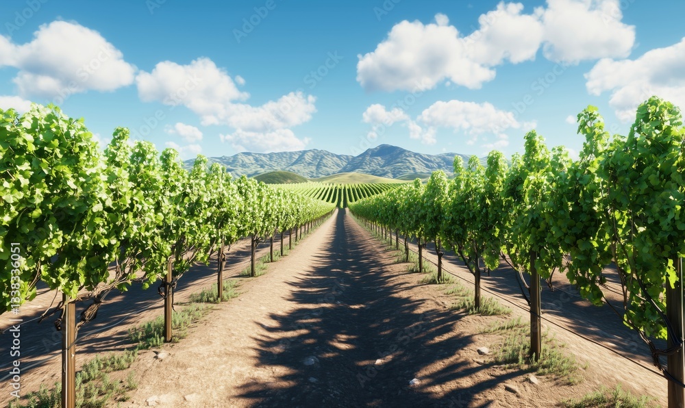 Vast vineyard landscape with rows of grapevines under blue sky and mountains Vast vineyard landscape with rows of grapevines under blue sky and mountains