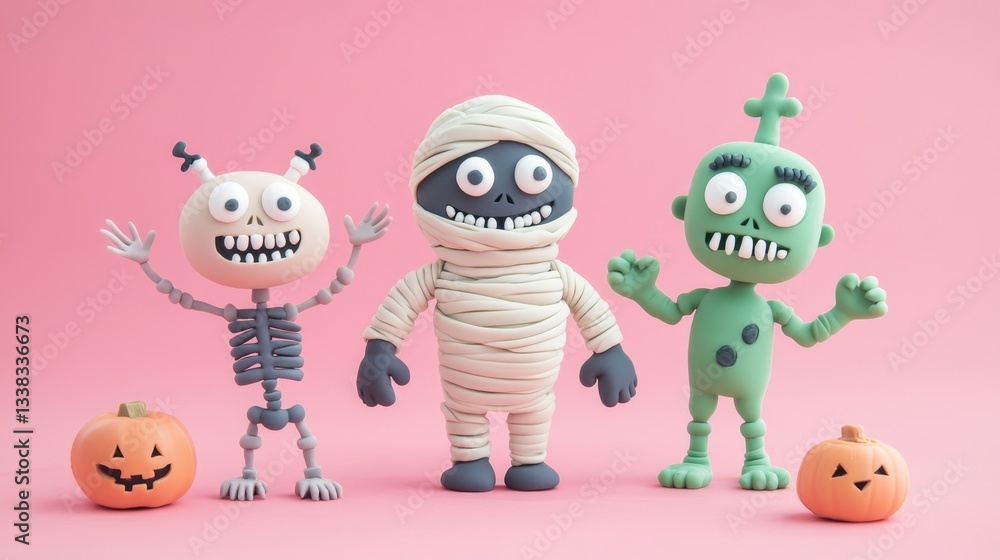 Fototapeta premium Three Friendly Halloween Costumed Characters Standing Beside Pumpkins