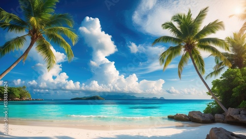 Fototapeta Naklejka Na Ścianę i Meble -  Tropical landscape featuring a beautiful beach with white sand, turquoise sea, lush green palm trees, and a blue sky filled with clouds in a panoramic view.