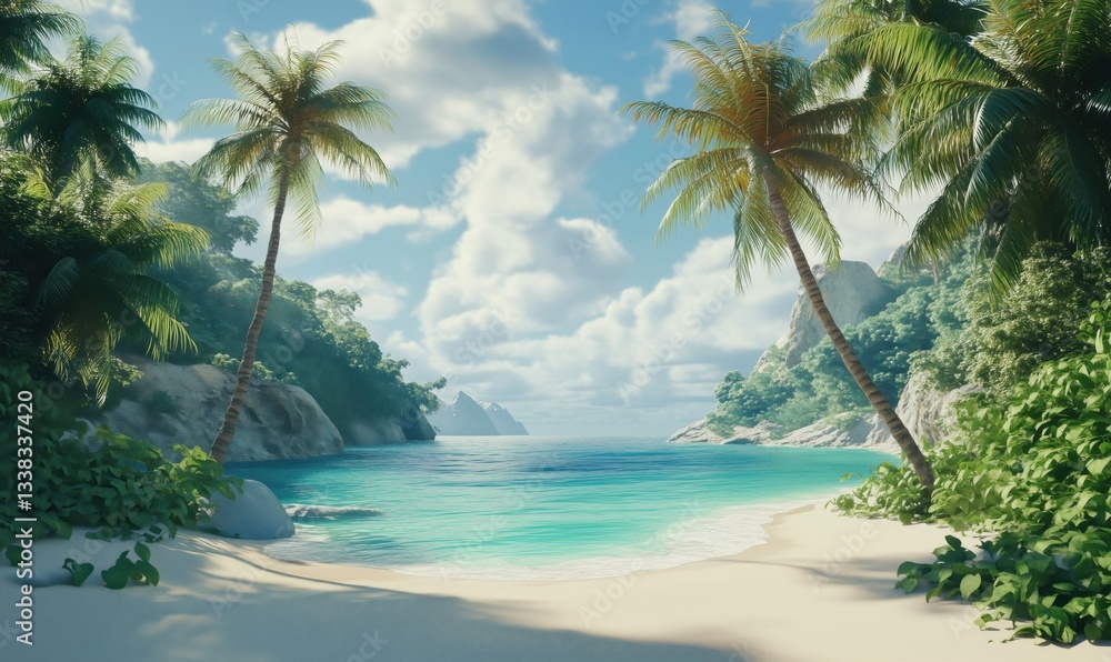 Fototapeta premium Tropical beach paradise with palm trees and crystal clear water under blue sky