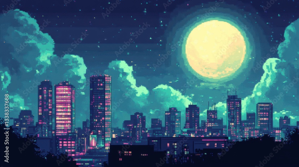 Fototapeta premium Pixel Art Cityscape Under a Full Moon Nighttime Urban Scenery with Illuminated Buildings and Starry Sky