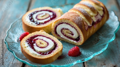 Wallpaper Mural Swiss roll, three slices of biscuit roll served with cream and jam on a blue glass plate atop a wooden table. Torontodigital.ca
