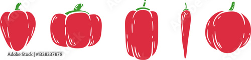 Vector illustration of pepper in cartoon flat style different shapes. Set of fresh vegetables plants for healthy food. Collection design elements for child textile print, stamp, kids education book.