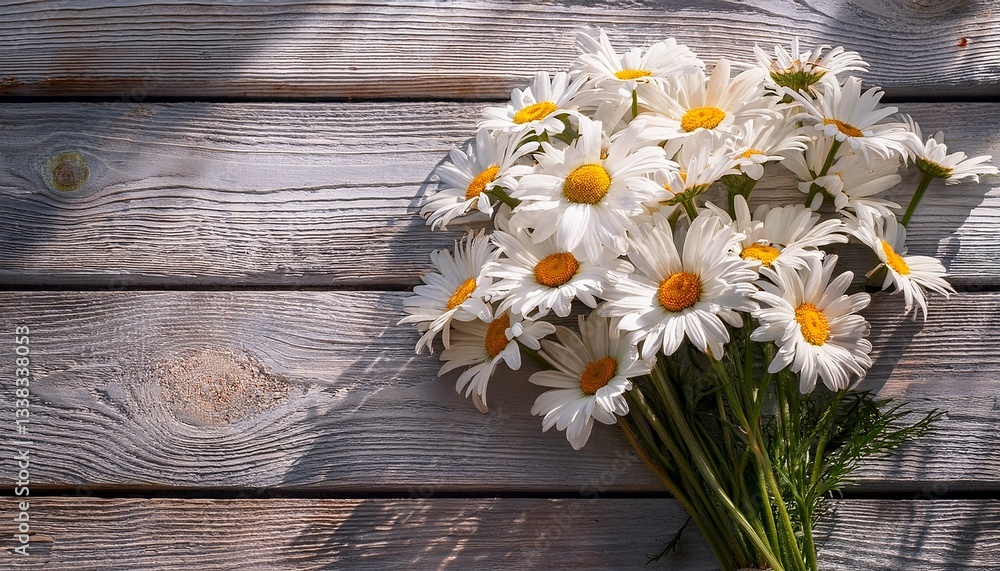 Obraz premium bunch of white chamomiles on gray wooden background in sunlight- 84189