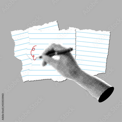 Halftone hand with pen write a note on a torn out sheet, retro collage design