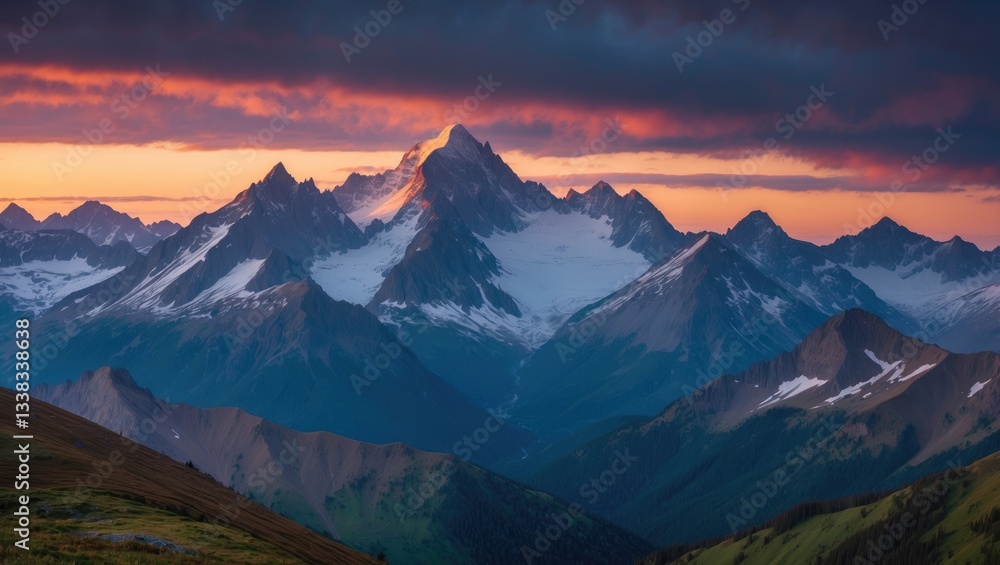 Sunset over the summits of Mountains in the Cascade Mountain Range as seen from Lookout in the Valley. Sunset over the summits of Mountains in the Cascade Mountain Range as seen from Lookout in the Valley.