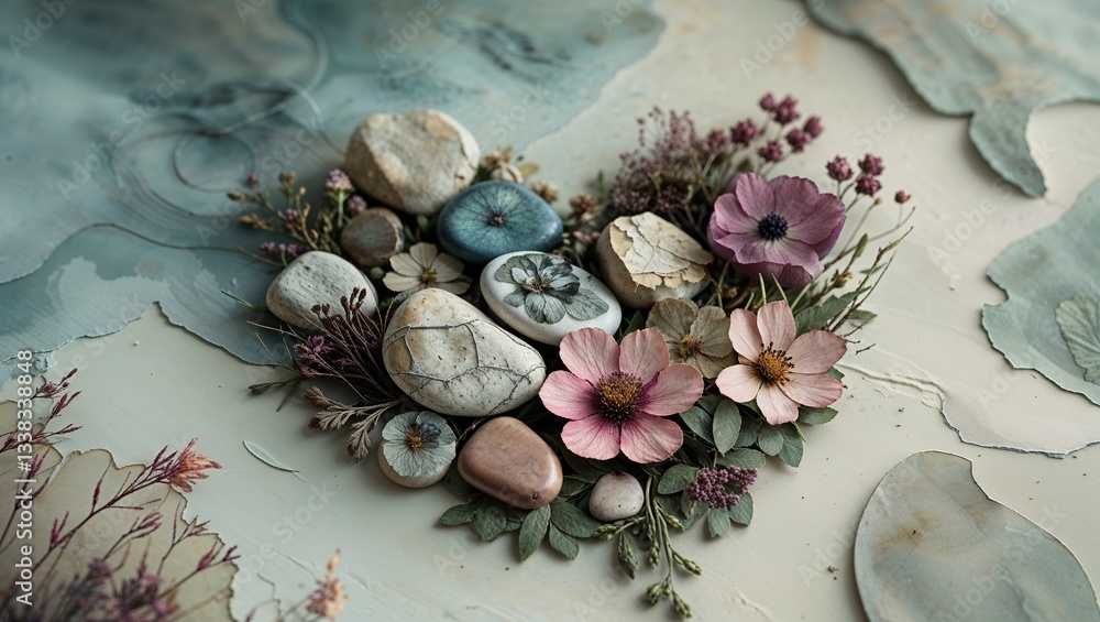 Obraz premium Heart shaped arrangement of river stones and pink flowers on a painted surface