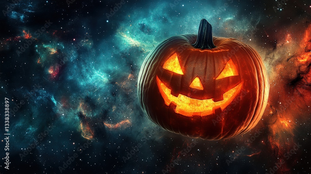 Glowing Jack-O'-Lantern Pumpkin in a Cosmic Space Background for Halloween Glowing Jack-O'-Lantern Pumpkin in a Cosmic Space Background for Halloween
