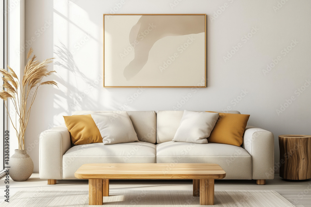 Fototapeta premium Modern living room interior with a beige sofa Generative AI