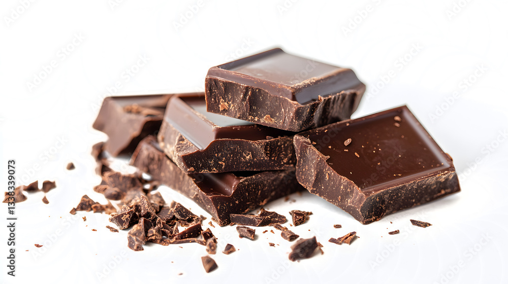 A pile of chocolate bars with some of them broken. The chocolate is dark and has a rich, almost bitter taste. The pile of chocolate is scattered on a white surface A pile of chocolate bars with some of them broken. The chocolate is dark and has a rich, almost bitter taste. The pile of chocolate is scattered on a white surface