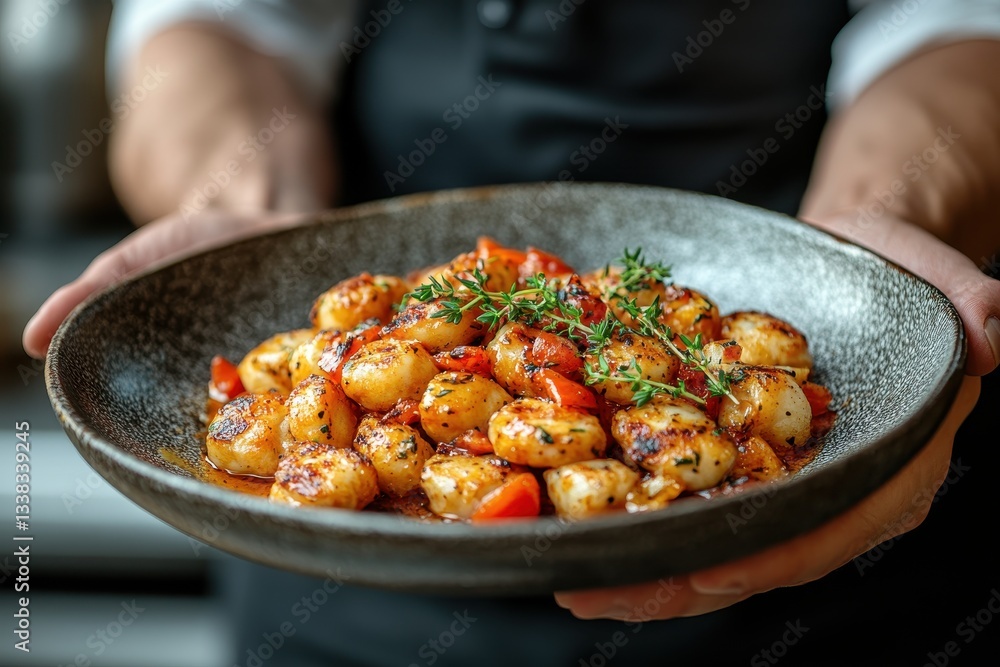Delicious gnocchi served with fresh herbs and tomatoes in a stylish restaurant setting