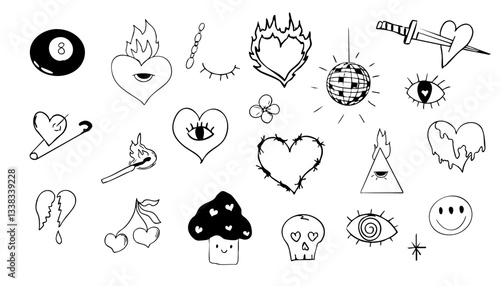 Psychedelic doodle heart barbed wire, with fire and eye, graffiti groovy set. Retro tattoo grunge kit. Disco ball heart with pin, magic eight ball. 