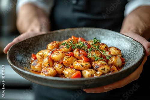 Obraz na płótnie Delicious gnocchi served with fresh herbs and tomatoes in a stylish restaurant setting w salonie