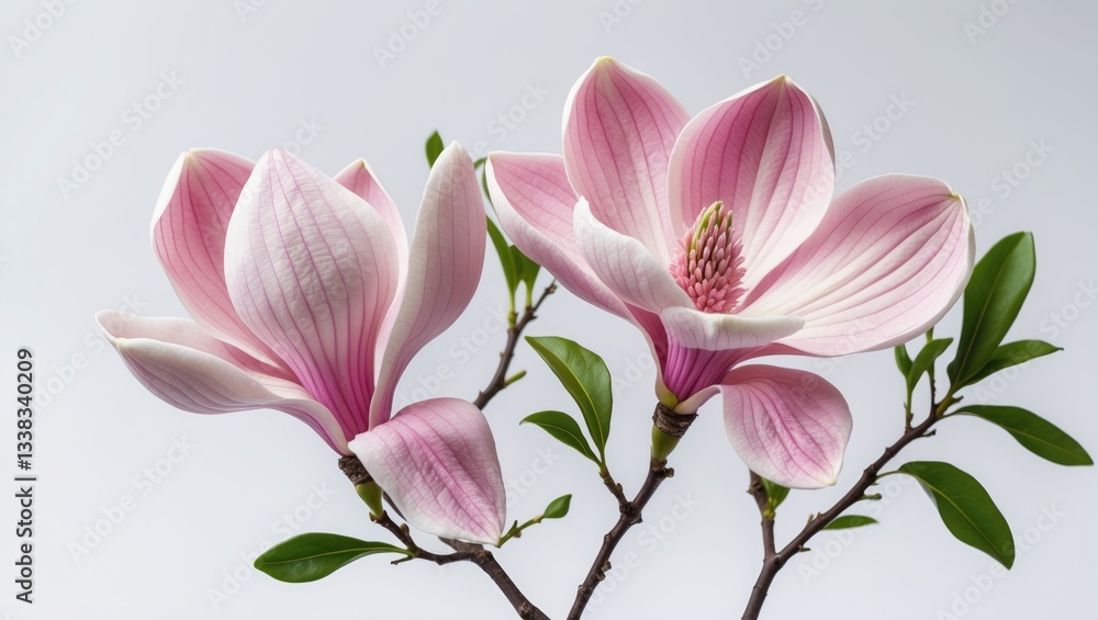 Fototapeta premium Pink magnolia flower on a white background, isolated with a full depth of field.