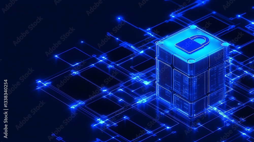 Fototapeta premium Digital Lock Concept with Circuitry in Blue Glow, Cybersecurity Visual Representation and Technology Graphics
