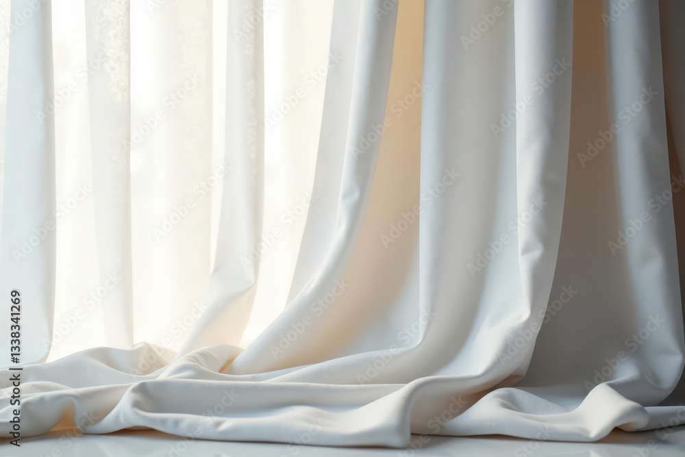 Draped soft white sheer curtains, gentle folds , fabric, folds, airy Draped soft white sheer curtains, gentle folds , fabric, folds, airy
