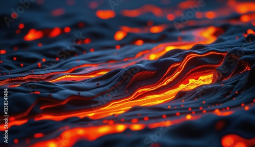 Molten lava flows across a dark, textured surface, creating a dynamic and fiery abstract landscape.