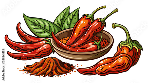 Cayenne pepper spice and dried pods displayed on a transparent background for culinary use and food preparation, Cayenne pepper on transparent