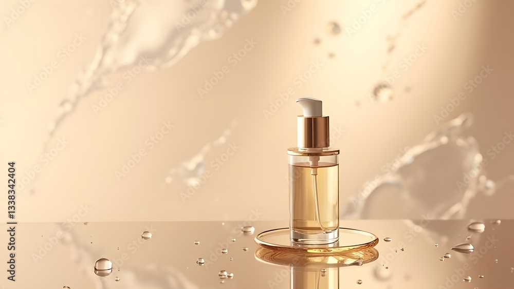 Naklejka premium Reflections of Elegance Cosmetic Bottle on Glass Base in Bronze and Ivory