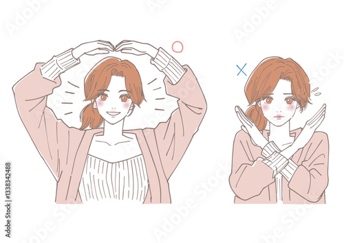 
手でマルを作っている女性とバツを作っている女性のセット
