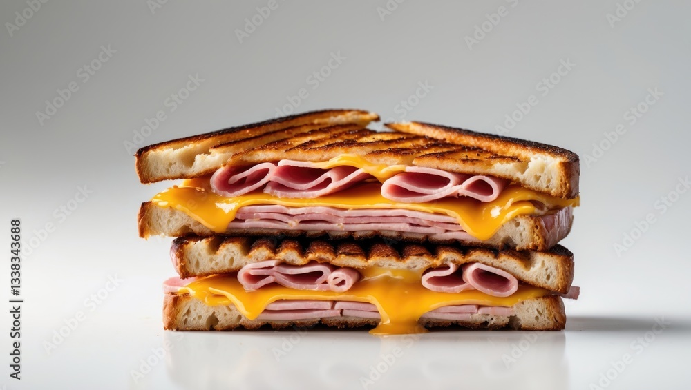 Toasted and pressed sandwich with ham and cheese in the background Toasted and pressed sandwich with ham and cheese in the background