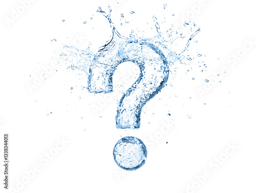 An isolated water droplet shaped like a question mark, placed on a white background, symbolizing curiosity or inquiry.
