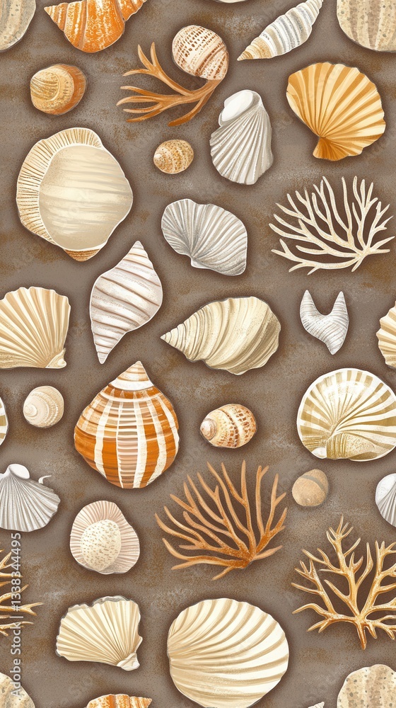 A seamless pattern featu an array of worn coral pieces and various seas in warm beige and orange tones on a textured brown background ideal for textile design projects and A seamless pattern featu an array of worn coral pieces and various seas in warm beige and orange tones on a textured brown background ideal for textile design projects and