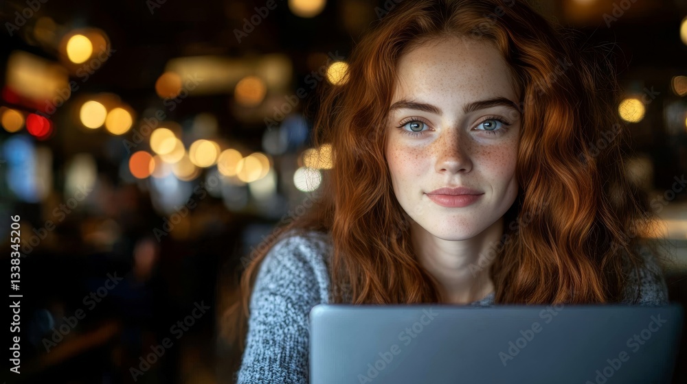 Fototapeta premium Smiling Young Woman with Red Hair Focused on Laptop Screen in a Bustling Cafe Atmosphere