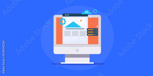 Cloud server hosting website, virtual private network and remote data centre management, information technology concept.