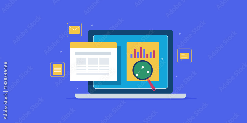 Digital marketing and website performance SEO report on laptop screen, website traffic, user conversion and return on investment e-business concept. Digital marketing and website performance SEO report on laptop screen, website traffic, user conversion and return on investment e-business concept.