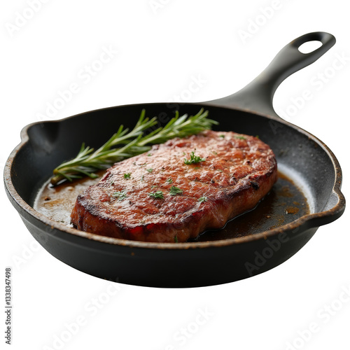 Perfectly seared steak garnished with fresh rosemary and herbs, served in black skillet, with visible grill marks and golden-brown crust, isolated on white background.