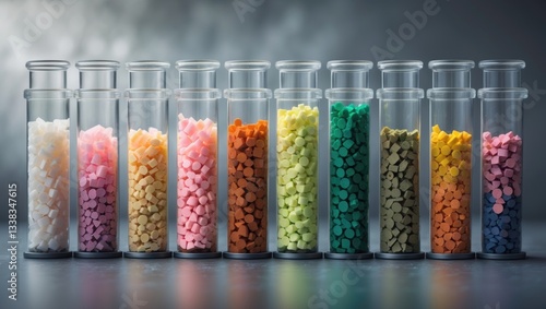 Plastic pellets. Polymeric dyes arranged in test tubes against a gray backdrop. Processed plastic granules. Polymer.